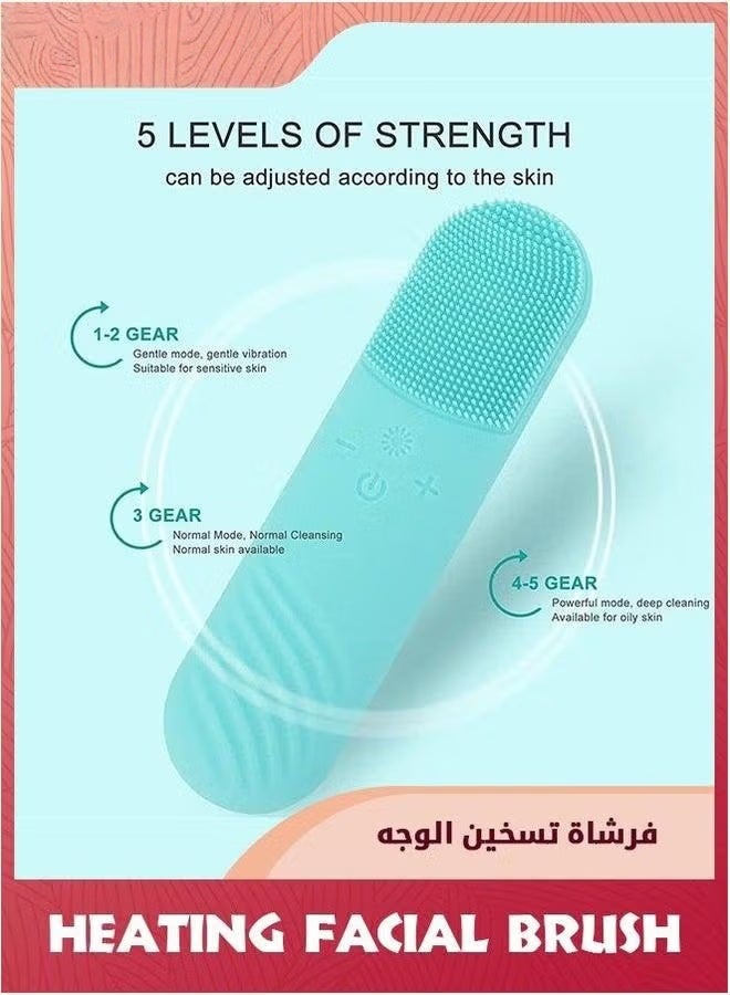 فرشاة تنظيف الوجه الصوتية,قوة الوجه المكرر مع 5 أوضاع السرعة,مقاومة للماء 3 في 1 أنيون استيراد 45 ℃ التدليك التدفئة,فرشاة السيليكون القابلة لإعادة الشحن USB,الأزرق - Image 3